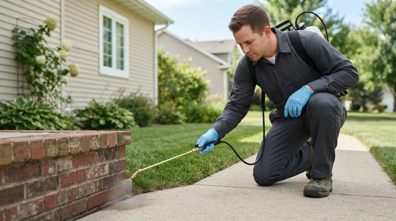Pest control technician treating a home near Dundas, VA